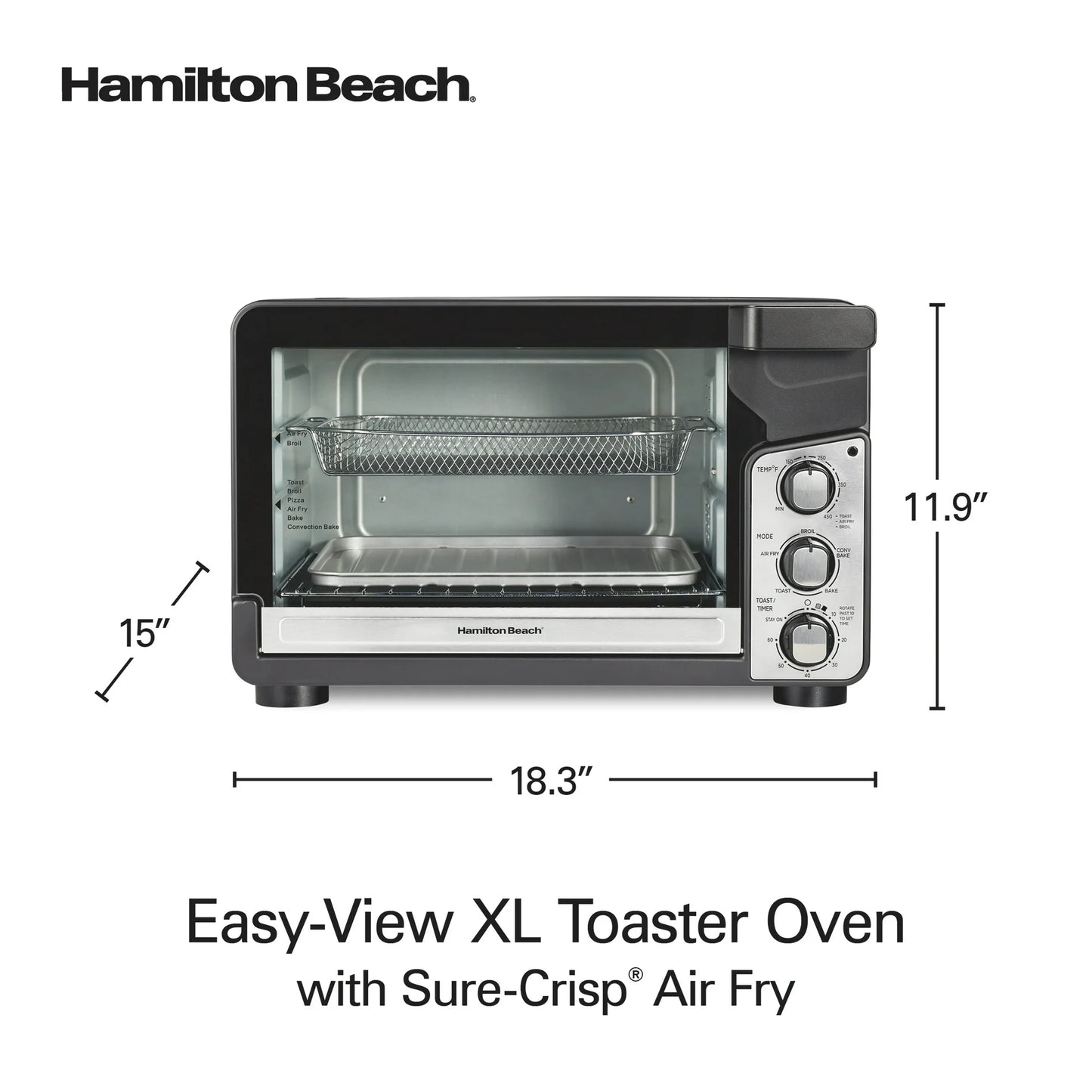 Hamilton Beach Easy View XL Horno Tostador con Freidora de Aire con Sure-crisp, 1750W, Capacidad para 6 Rebanadas, 31460