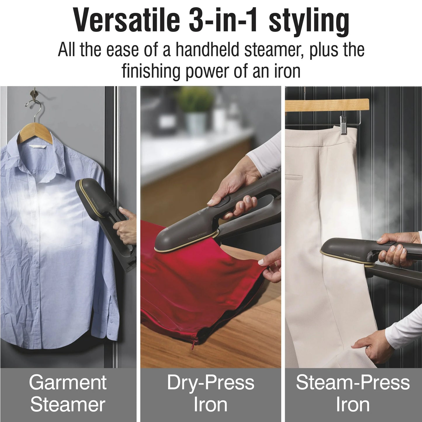 CHI SteamPress Vaporizador de Ropa de Mano 3 en 1 para Ropa, Vaporizador de Viaje y Plancha, Negro