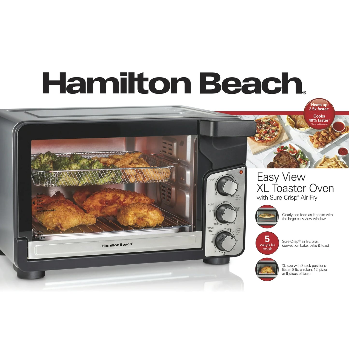 Hamilton Beach Easy View XL Horno Tostador con Freidora de Aire con Sure-crisp, 1750W, Capacidad para 6 Rebanadas, 31460