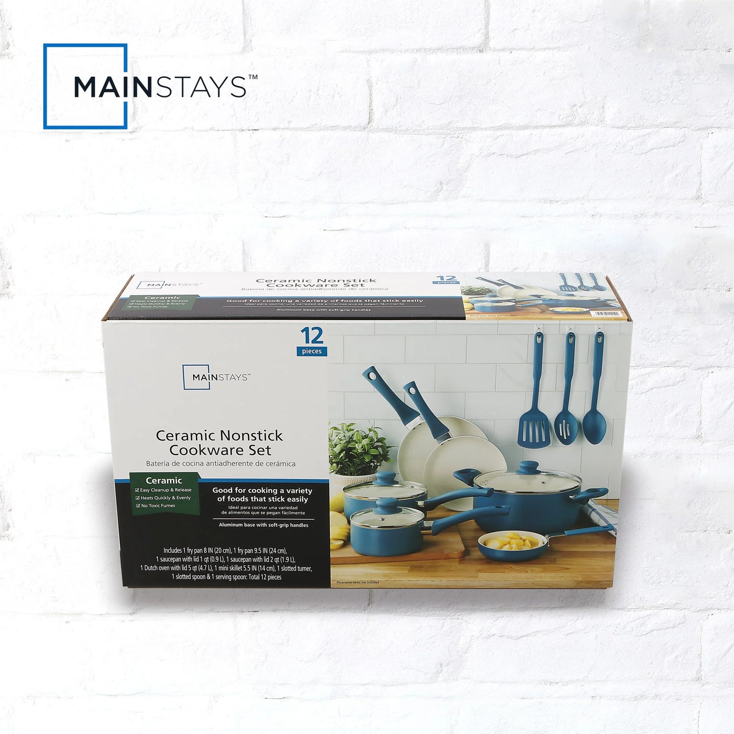Mainstays Batería de Cocina de Aluminio Antiadherente de Cerámica de 12 Piezas, Azul