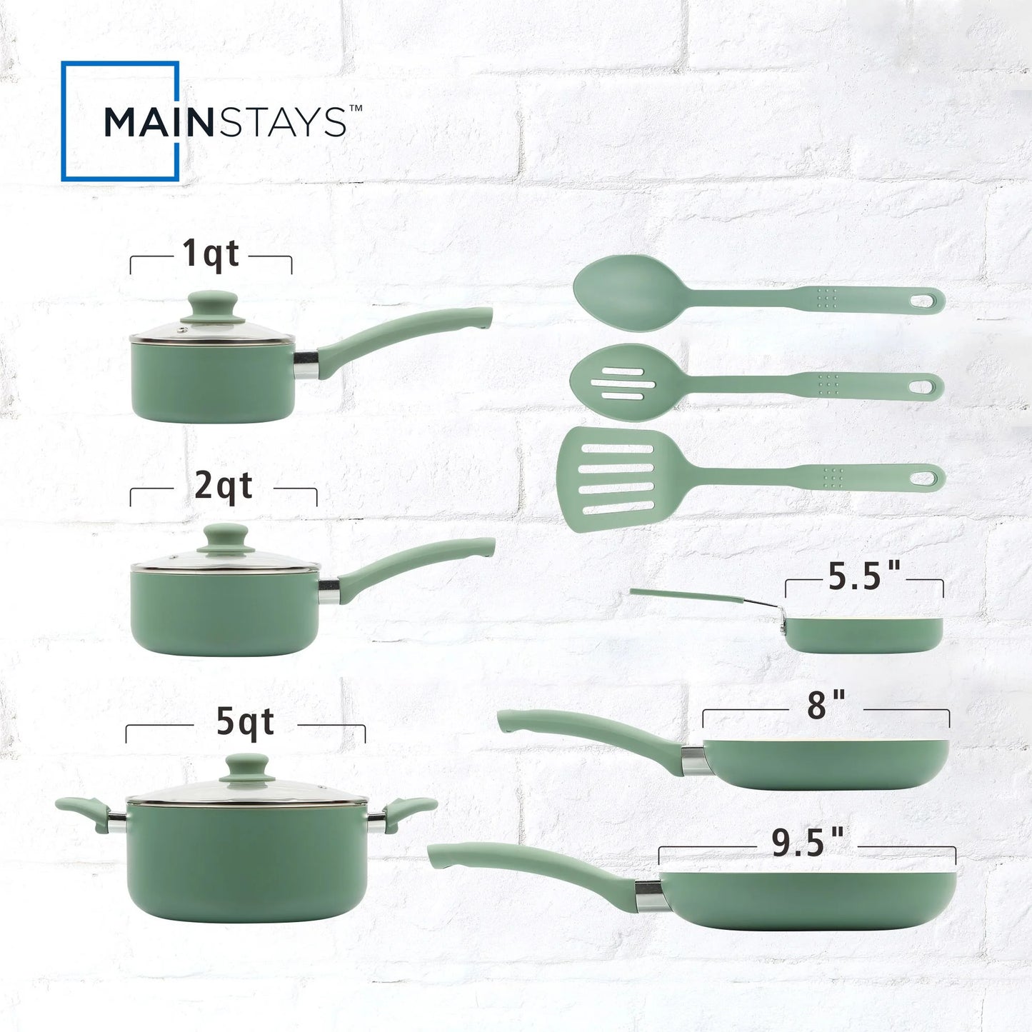 Mainstays Batería de Cocina de Aluminio Cerámico 12 Piezas Verde Antiadherente