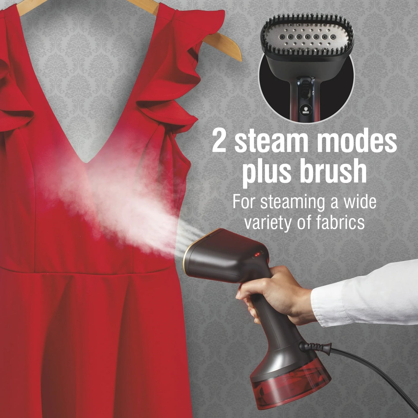 CHI LAVA Plato de Cerámica Vaporizador de Ropa para Ropa con Cepillo de Tela, 2 Modos de Vapor, 1600 Vatios, Rojo