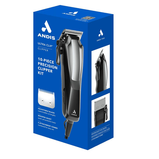 Andis Ultra Kit de Cortapelos Clip con Cable de 10 Piezas, Negro / Plateado