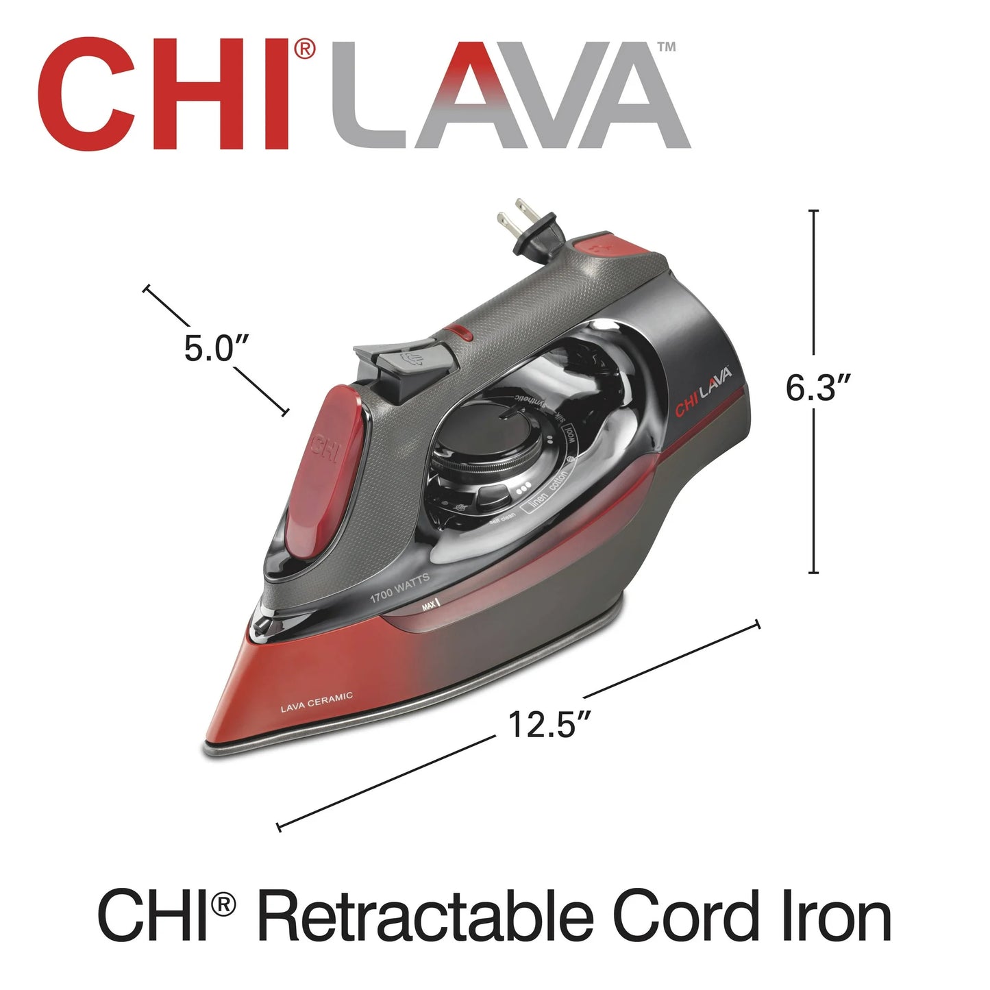 CHI Lava Plancha para Ropa - Placa Base de Cerámica Lava, Cable Retráctil, Control de Vapor Ajustable