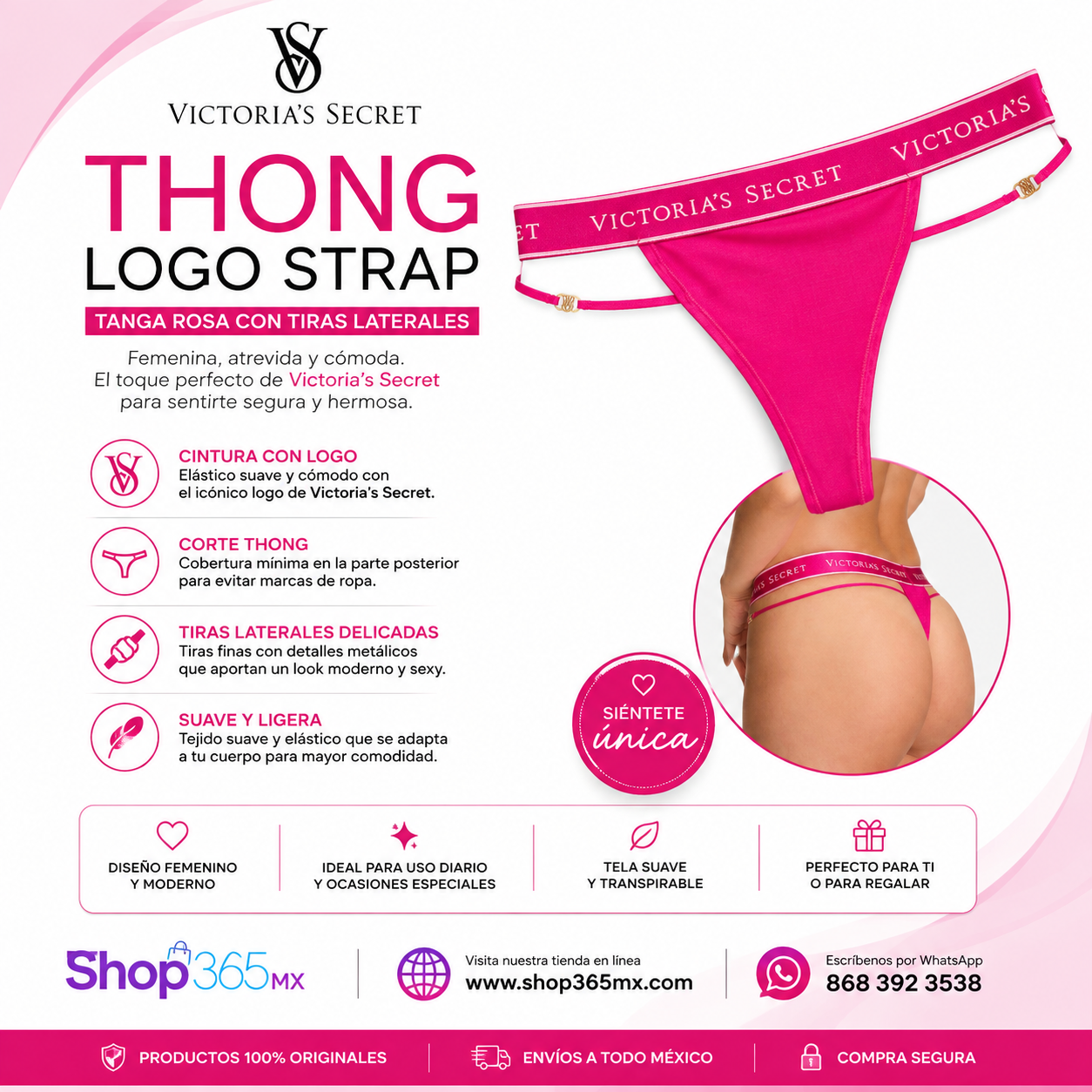 Victoria’s Secret Logo Strap Thong – Tanga Rosa con Tiras Laterales