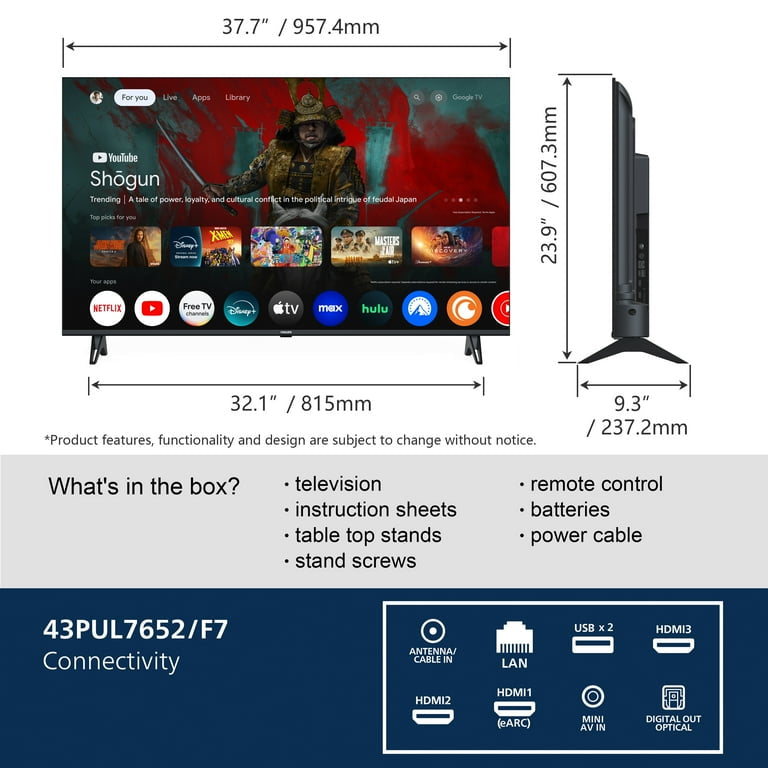 Philips 43" Class 4K Ultra HD (2160p) Google Smart LED TV (43PUL7652/F7)