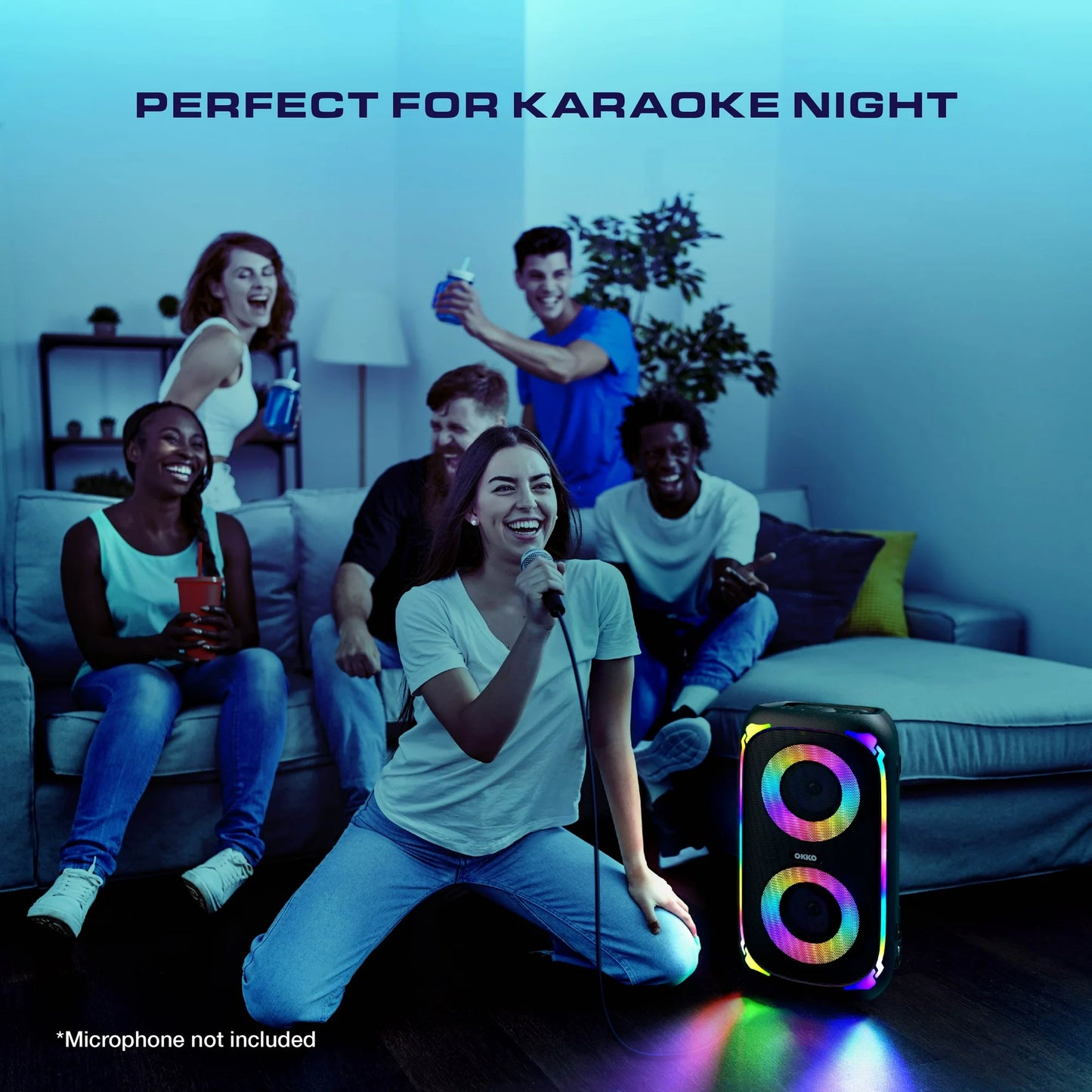 OKKO Altavoz Bluetooth Portátil Sonic Bass V4: Altavoz Inalámbrico para Fiestas con Graves Profundos, Altavoz Karaoke con Puerto para Micrófono, Luces LED, Altavoz Recargable Portátil para Exteriores