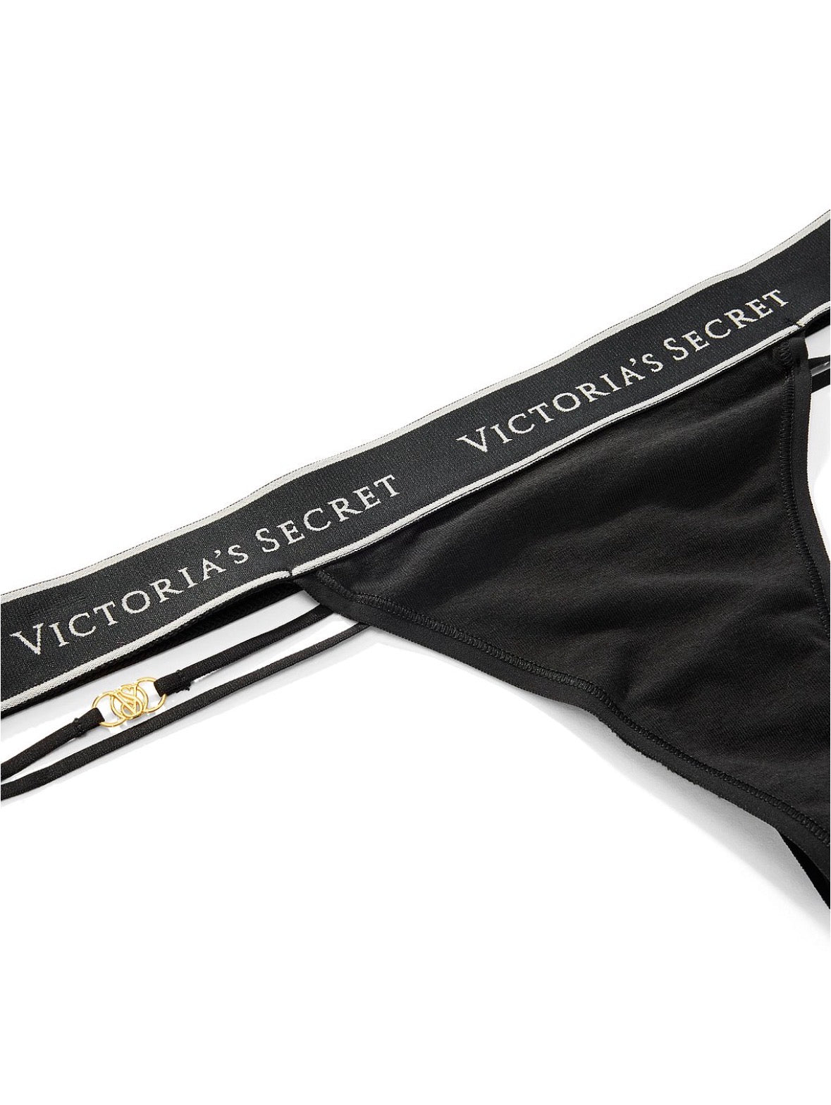 Victoria’s Secret Logo Strap Thong Negro – Tanga con Tiras Laterales y Detalle Dorado