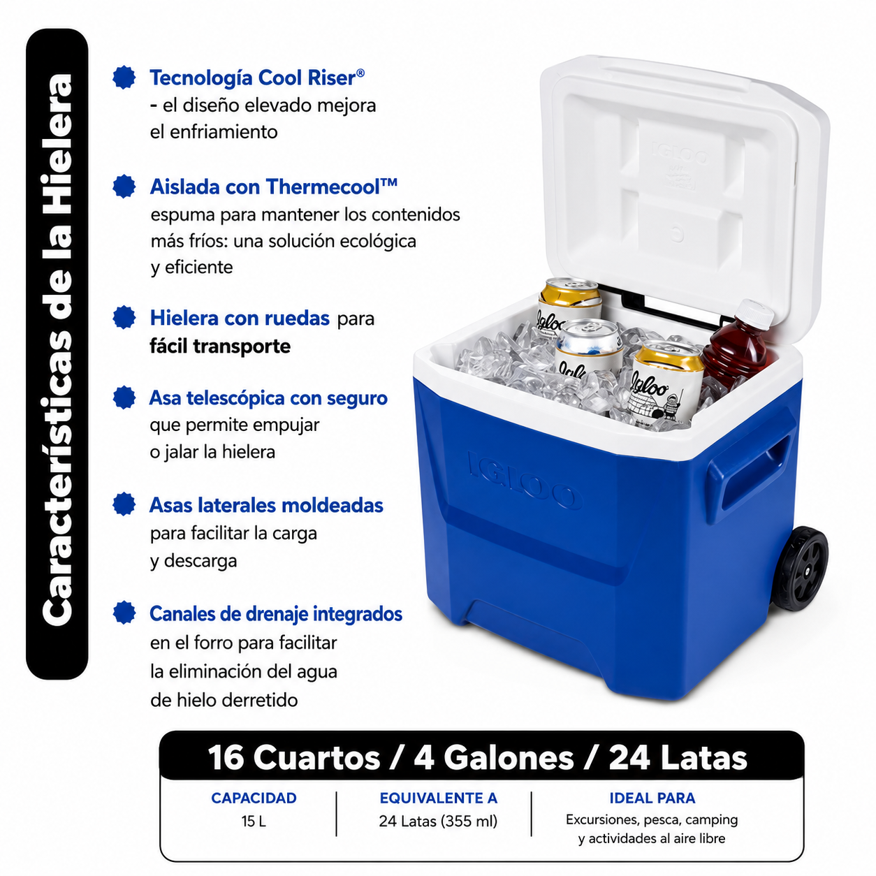 Igloo Hielera Rígida de 16 QT Laguna con Ruedas, Azul