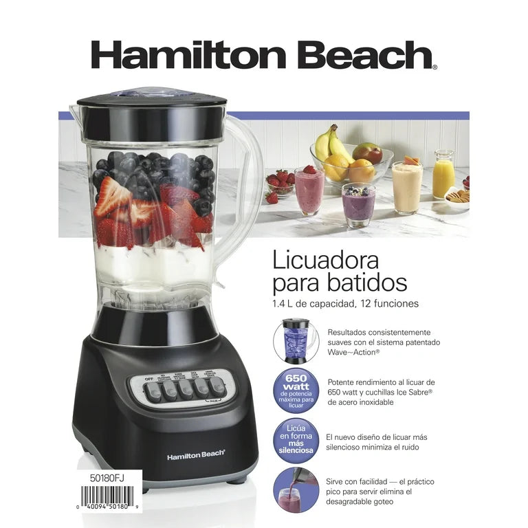 Hamilton Beach Licuadora de Batidos 48 oz. Tarro, 12 Funciones de Mezcla, Negro, 50180F