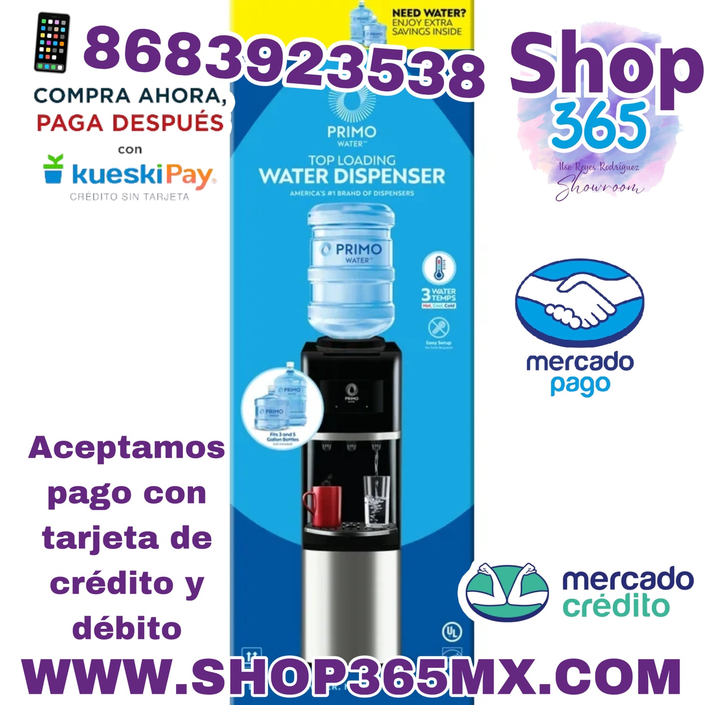 Primo Water Dispensador de agua de carga superior negro e inoxidable de 3 o 5 galones, modelo 900127