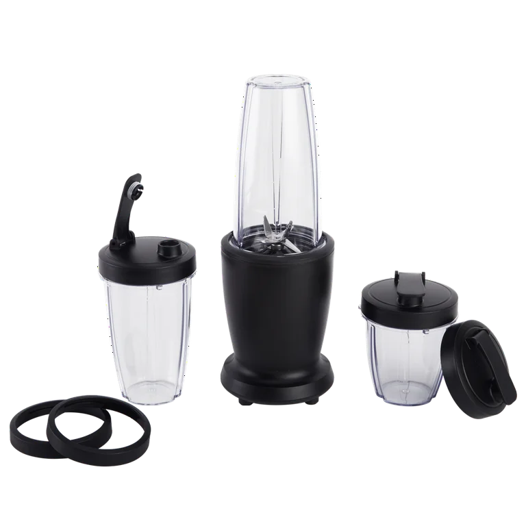 Mainstays Juego de Batidora de 10 Piezas, Negro, 300 W, con 3 Frascos (10 Oz, 16 Oz, 18 Oz), 2 Tapas para Beber, Hoja de Acero Inoxidable