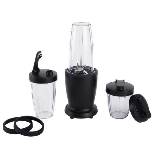 Mainstays Juego de Batidora de 10 Piezas, Negro, 300 W, con 3 Frascos (10 Oz, 16 Oz, 18 Oz), 2 Tapas para Beber, Hoja de Acero Inoxidable