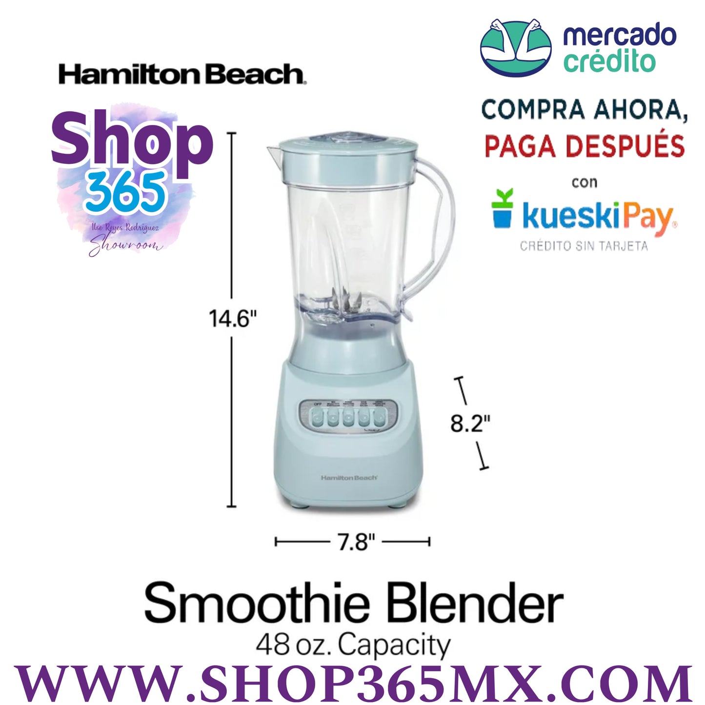 Hamilton Beach Licuadora para Batidos 48 oz. Tarro, 12 Funciones de Batido, Menta, Nuevo, 50182F