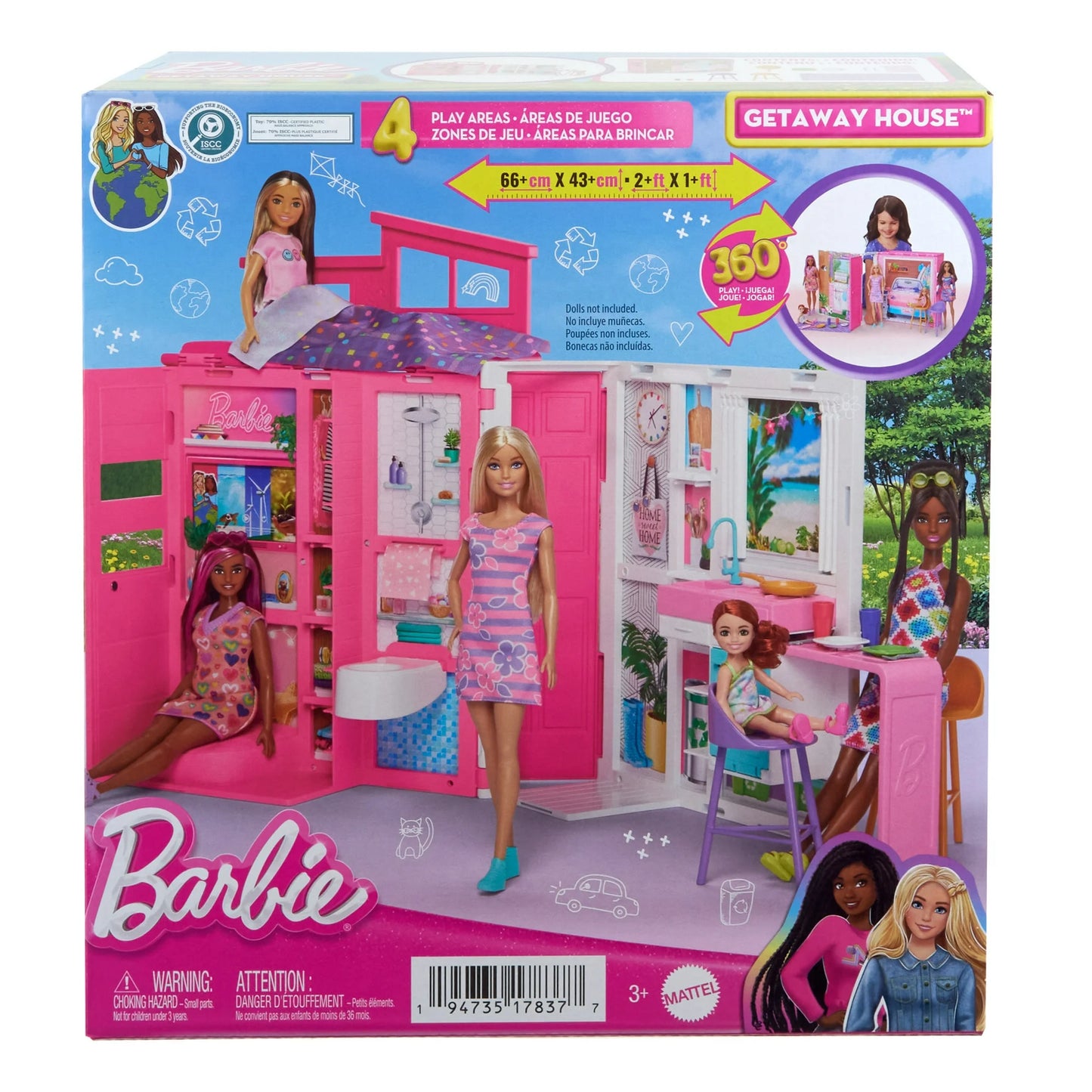 Barbie Casa de Escapada, Juego de Casa de Muñecas con 4 Áreas de Juego, 2 Sillas, Juego de 360 y Accesorios
