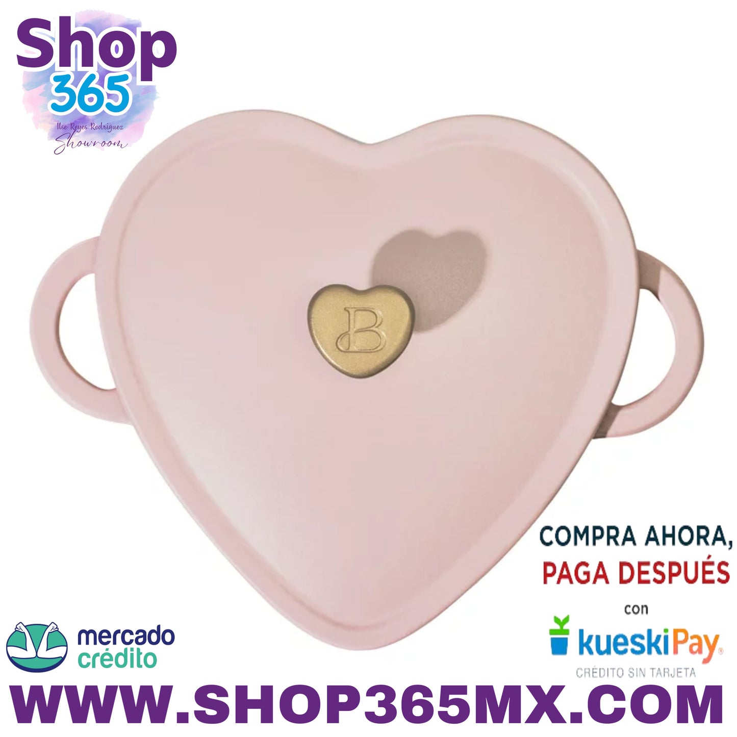 Hermoso horno holandés con forma de corazón de hierro fundido de 2 cuartos, champán rosado de Drew Barrymore