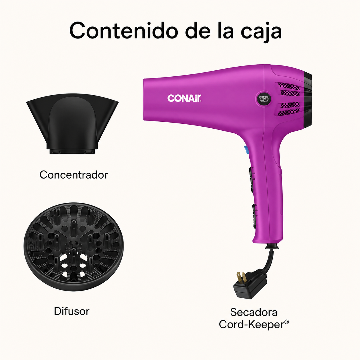 Conair Secador de Cabello Iónico Cerámico Cord-Keeper, Cable Retráctil, Difusor y Concentrador