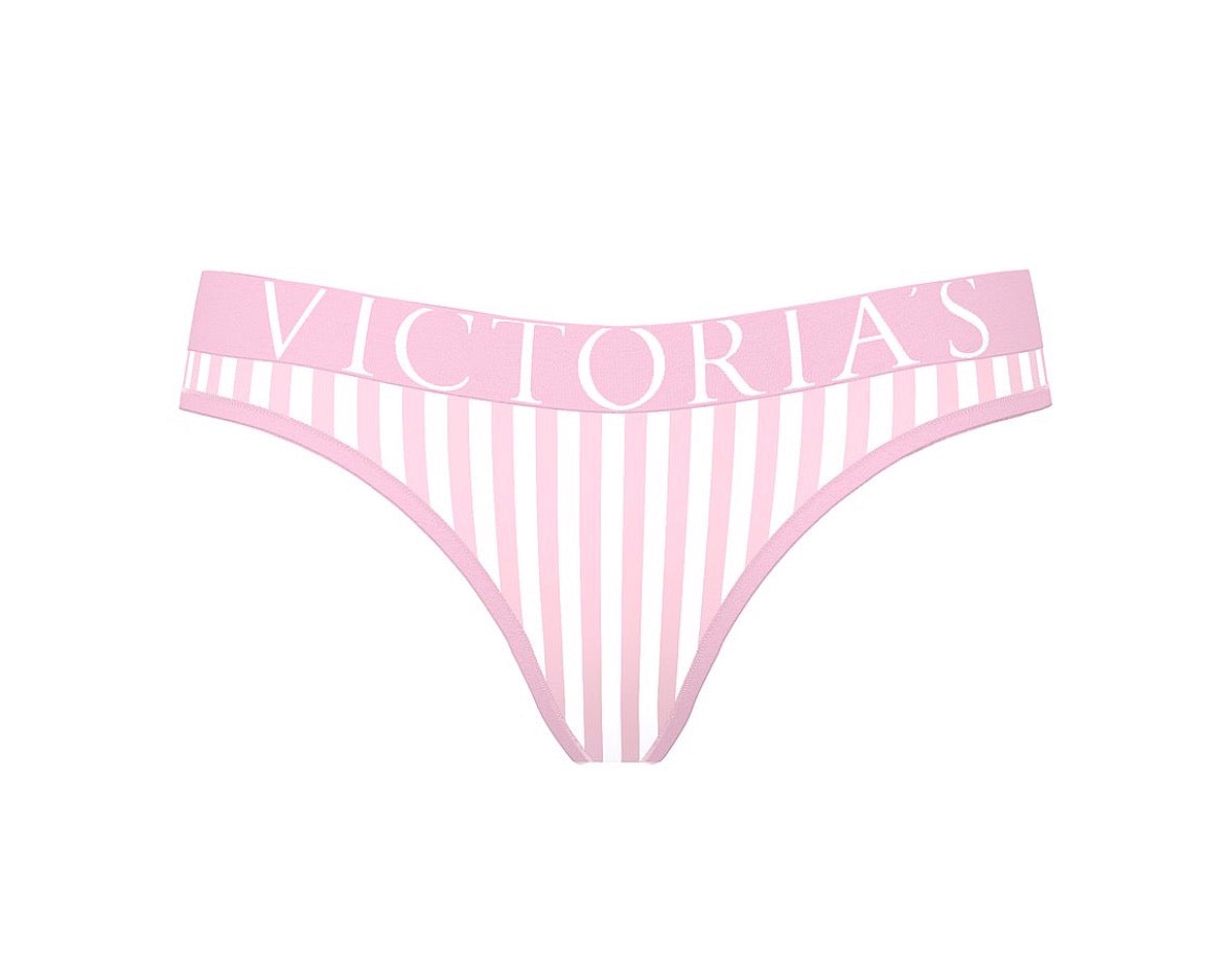 Victoria’s Secret Panty Tanga Rosa a Rayas con Cintura Logo