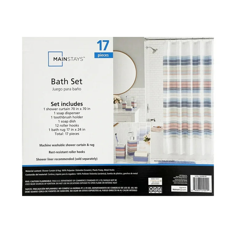 Mainstays Juego de Accesorios de Baño y Cortina de Ducha de Poliéster/cerámica a Rayas de 17 Piezas, Multicolor