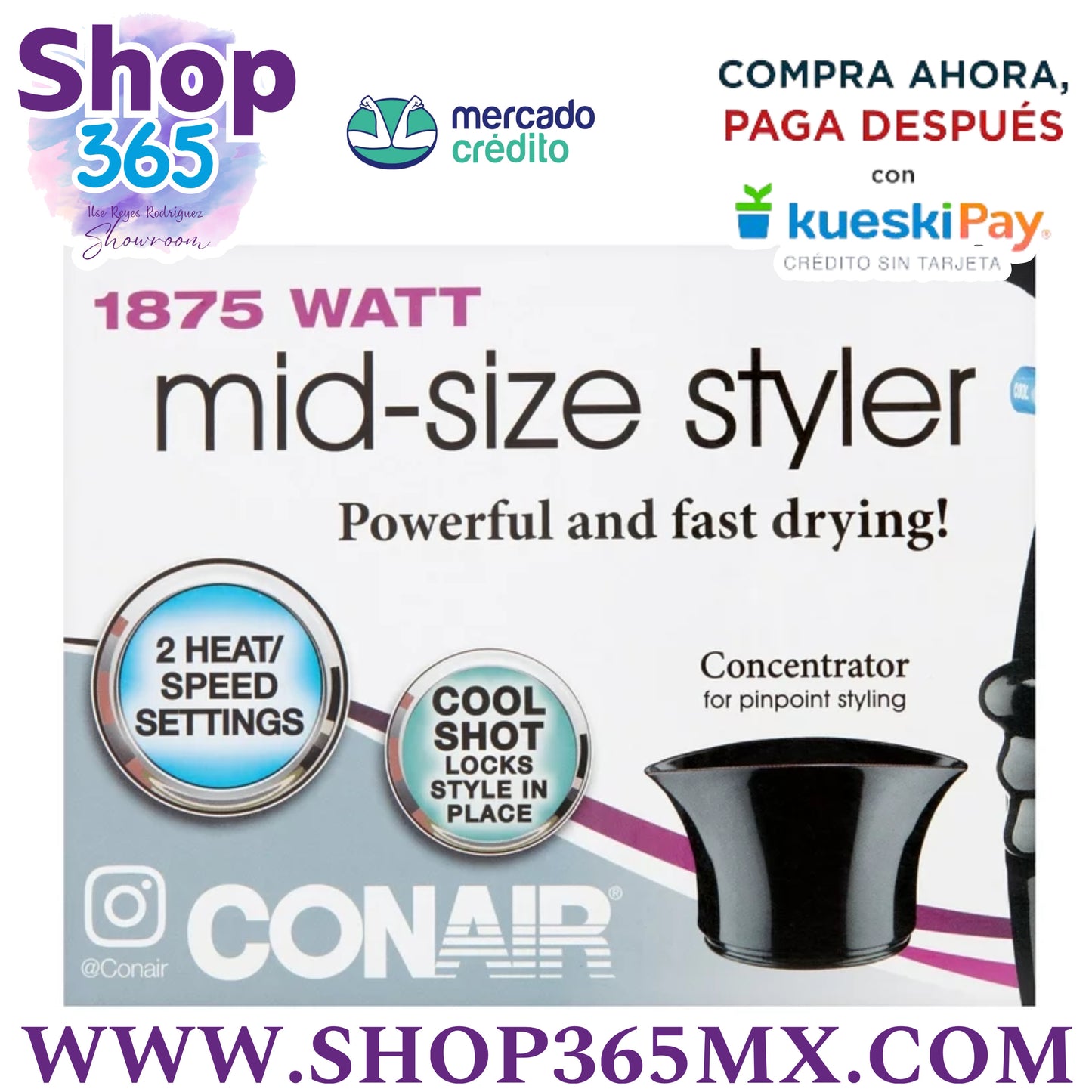 Mid Size Conair Secador de Pelo de Cerámica, 1875 Vatios, Compacto, de Secado Rápido y Estilo, Negro 247TPW