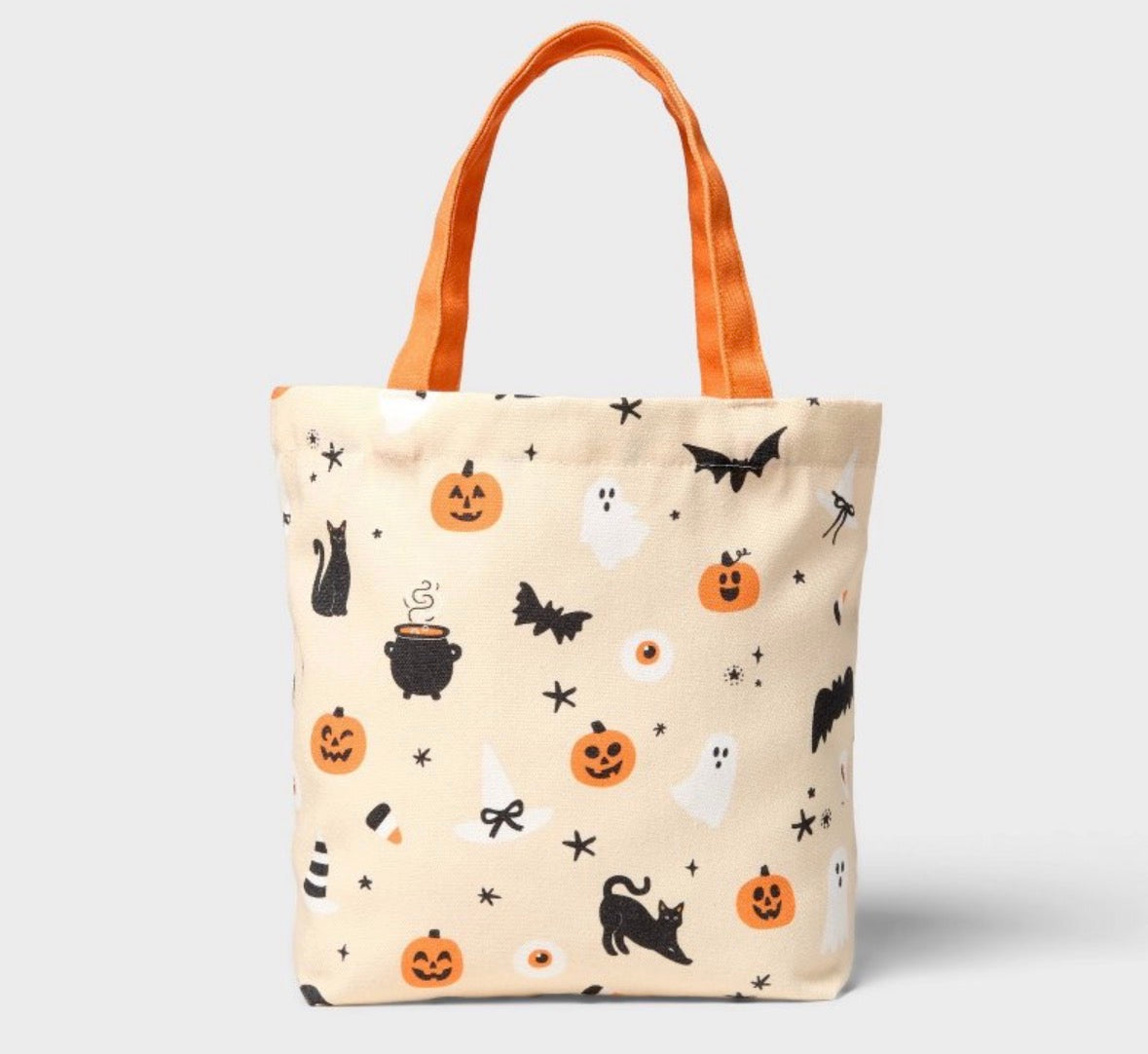 Bolsa Tote Halloween Beige con Estampado de Calabazas, Fantasmas y Murciélagos 🎃👻