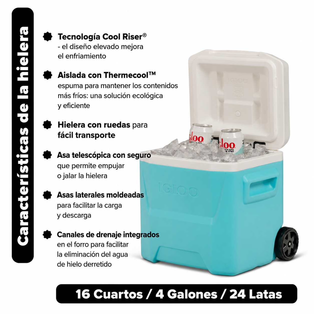 Igloo Hielera Rígida de 16 QT Laguna con Ruedas, Azul Aqua