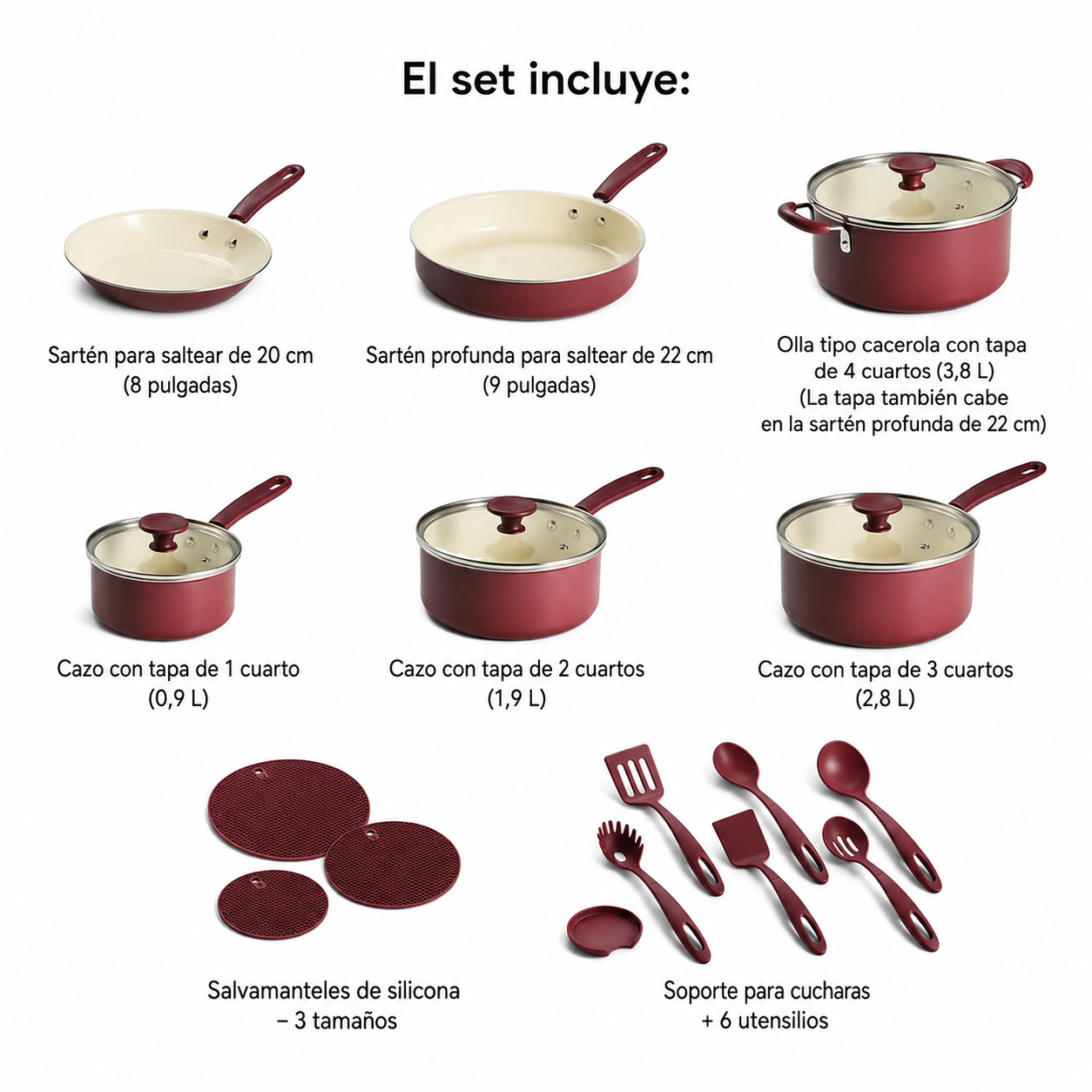 Juego de utensilios de cocina antiadherentes de cerámica Tramontina Ceramaware de 20 piezas, color vino.