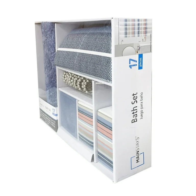 Mainstays Juego de Accesorios de Baño y Cortina de Ducha de Poliéster/cerámica a Rayas de 17 Piezas, Multicolor