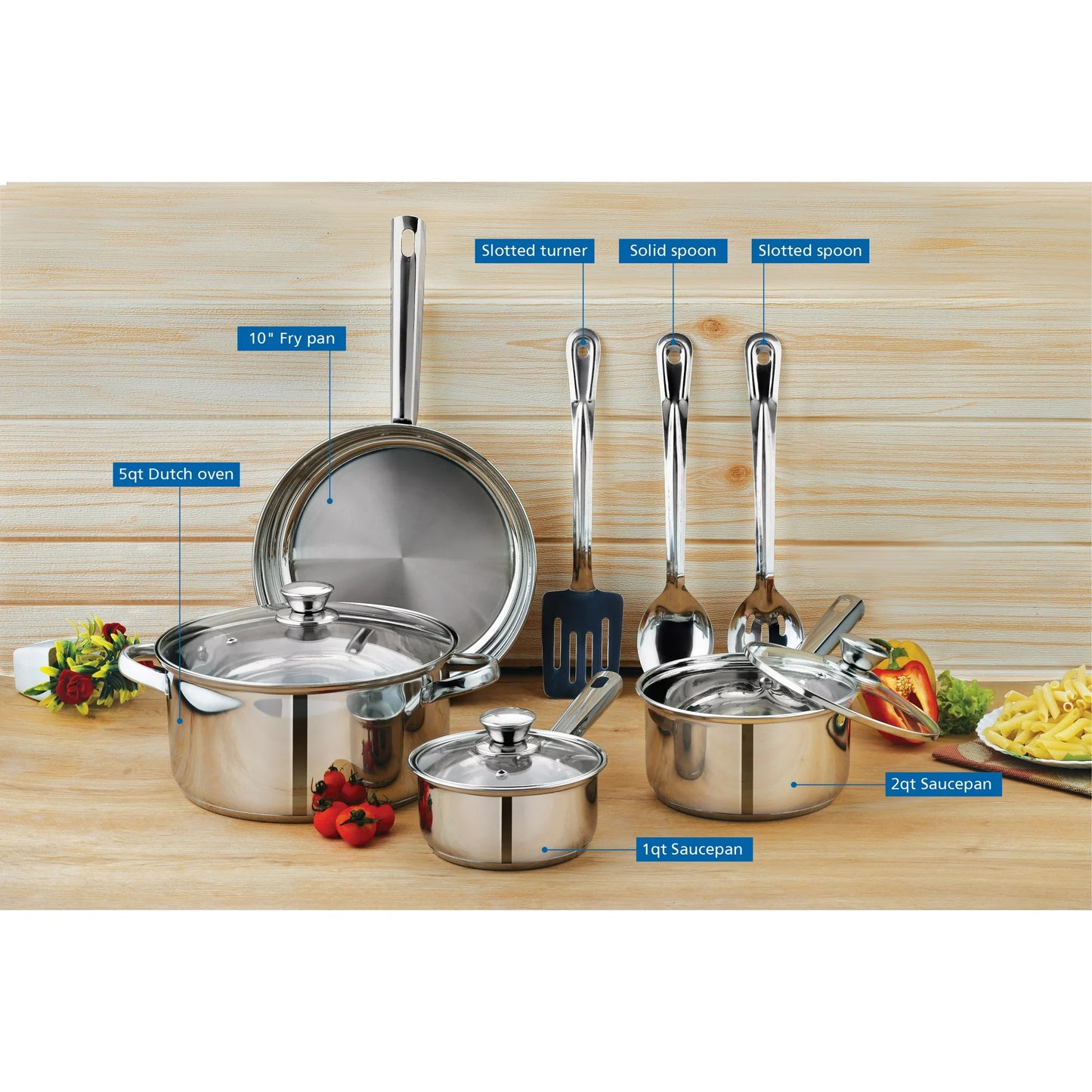 Mainstays Juego de Utensilios de Cocina y Sartenes de Acero Inoxidable Antiadherente de 10 Piezas