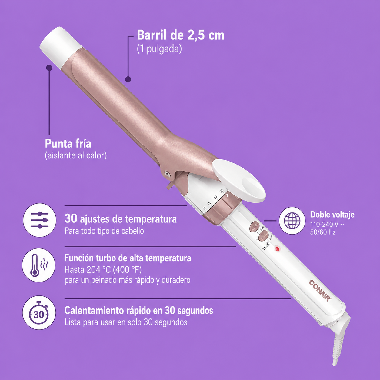 Conair Rizos de Cerámica Doble 1.0 Pulgadas, Oro Rosa, CD701GN