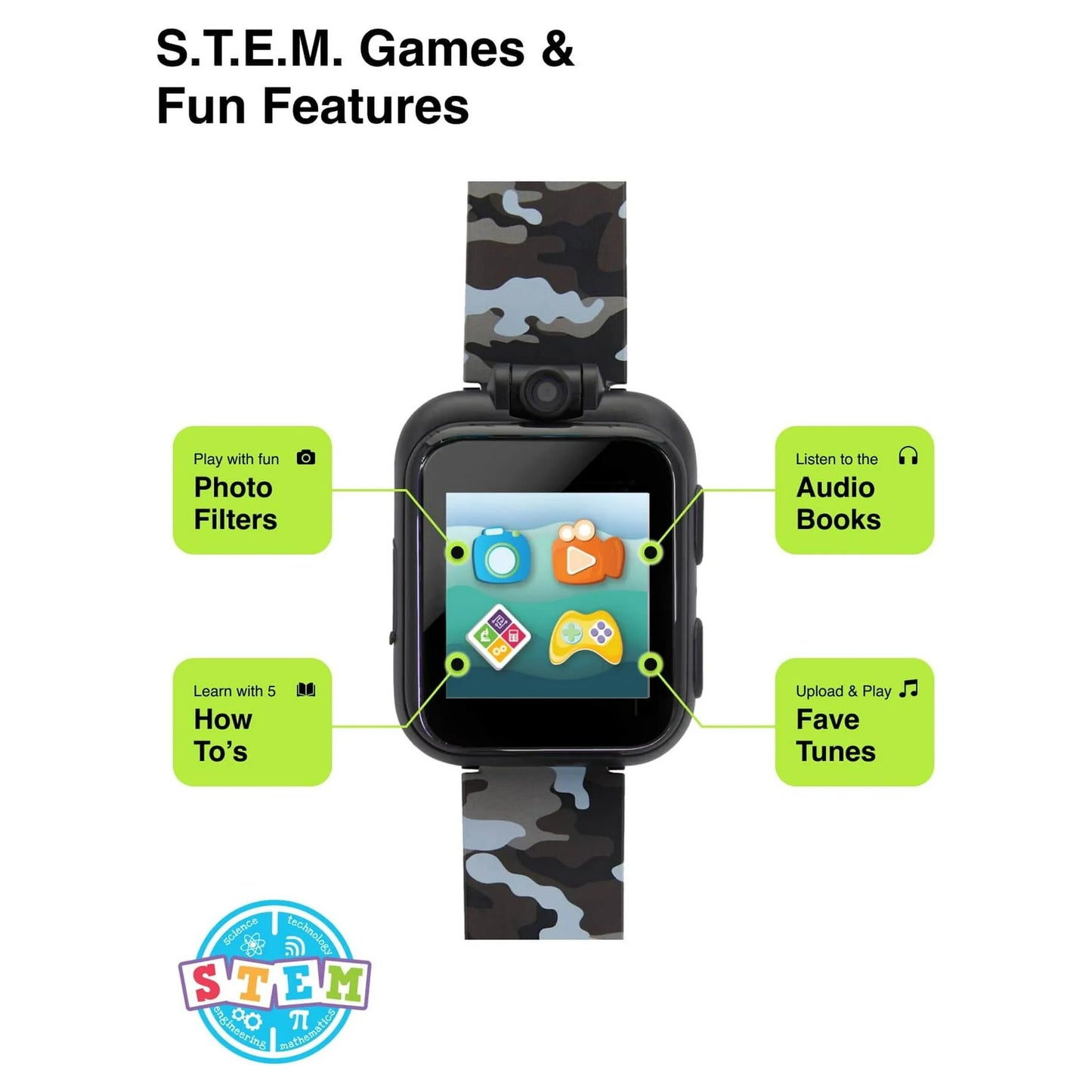 iTech Junior Conjunto de Reloj Inteligente y Auriculares para Niños Camuflaje Negro/gris