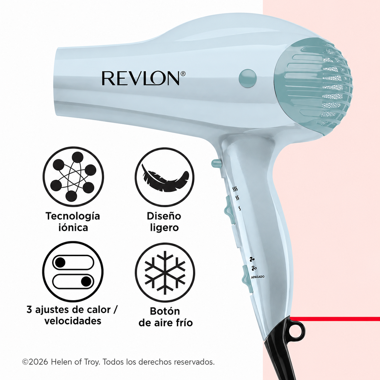 Revlon Secador de Cabello Iónico con Potenciador de Volumen, 1875W, Azul Plateado