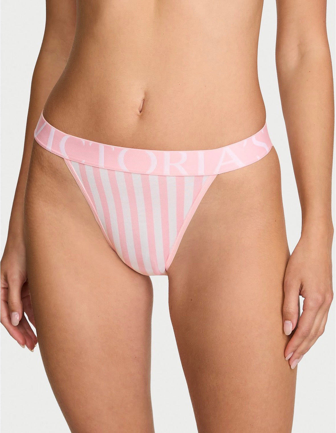💗 Victoria’s Secret Tanga de Rayas Rosa con Cintura Logo