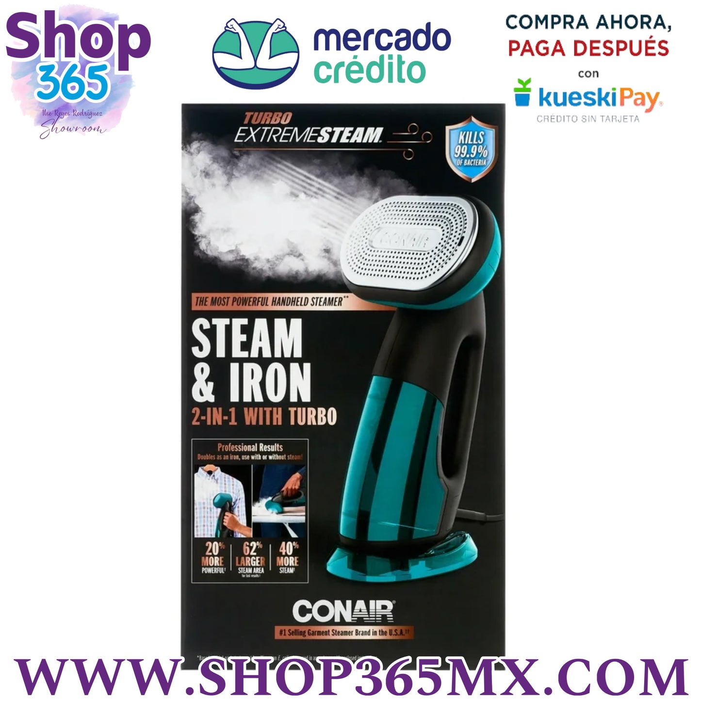 Turbo ExtremeSteam Conair 1875 Vatios de Tela de Mano, Vapor de Ropa de Vapor y Hierro 2 en 1