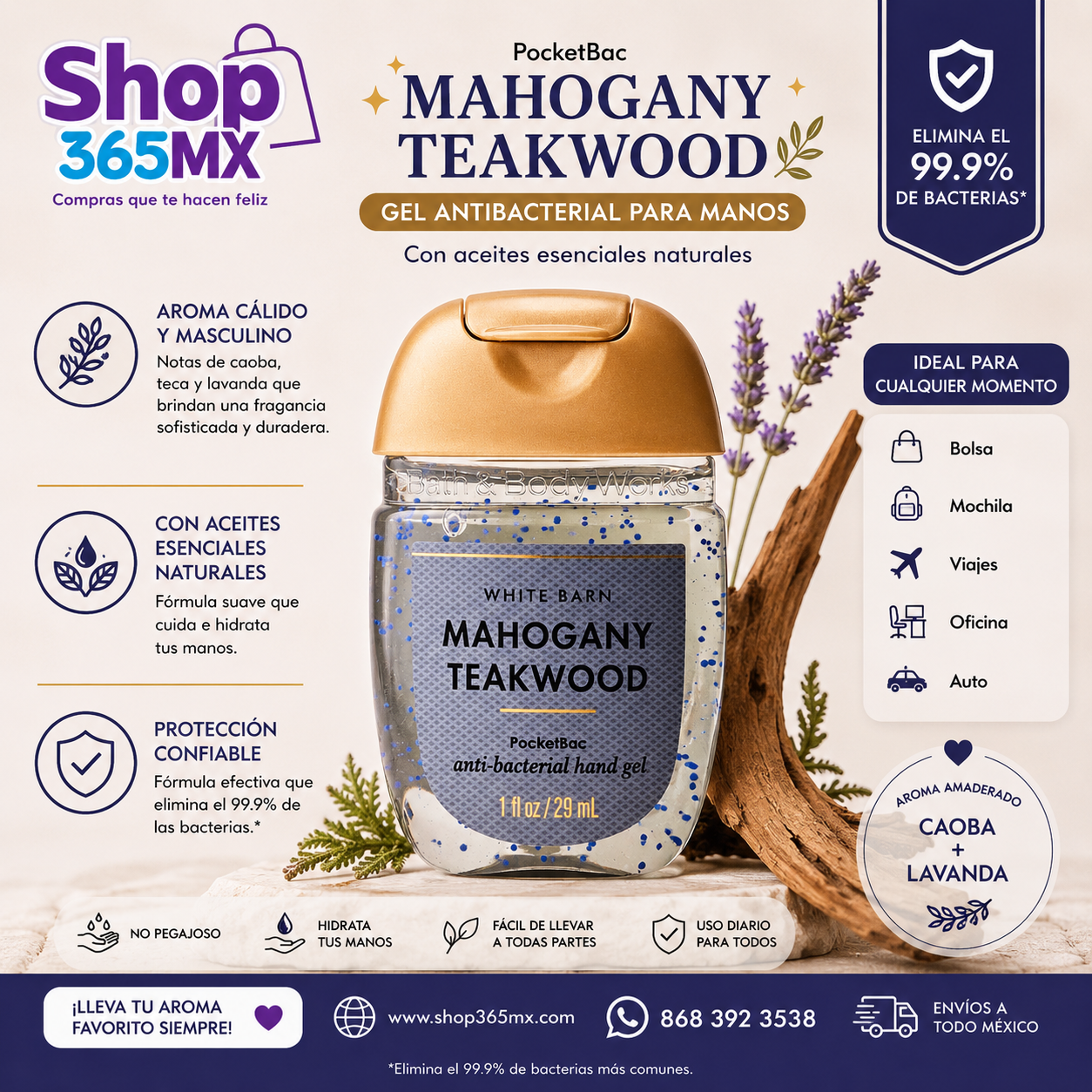 Gel Antibacterial Mahogany Teakwood PocketBac Bath & Body Works 29 ml