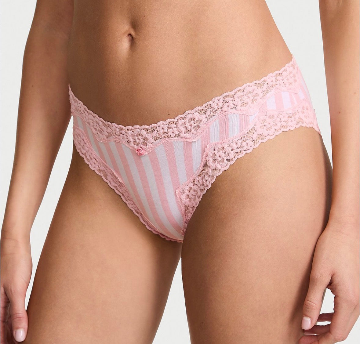 Victoria’s Secret Lace-Trim Stripe Bikini Panty – Rosa y Blanco 🎀