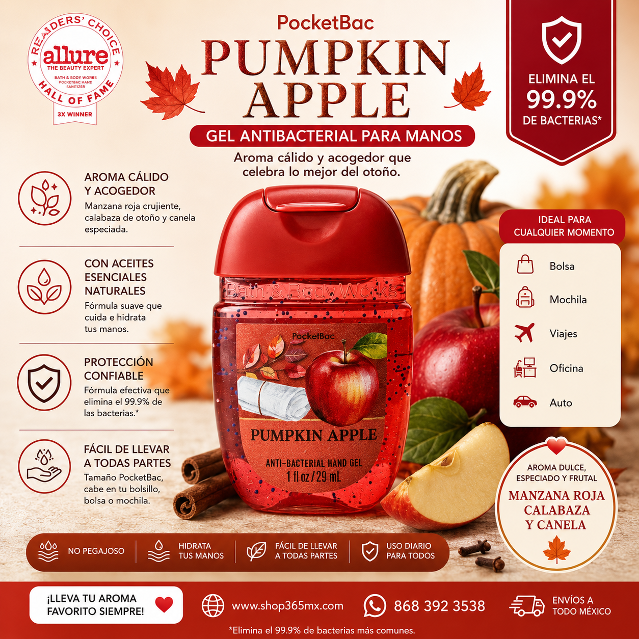Gel Antibacterial Pumpkin Apple PocketBac Bath & Body Works 29 ml