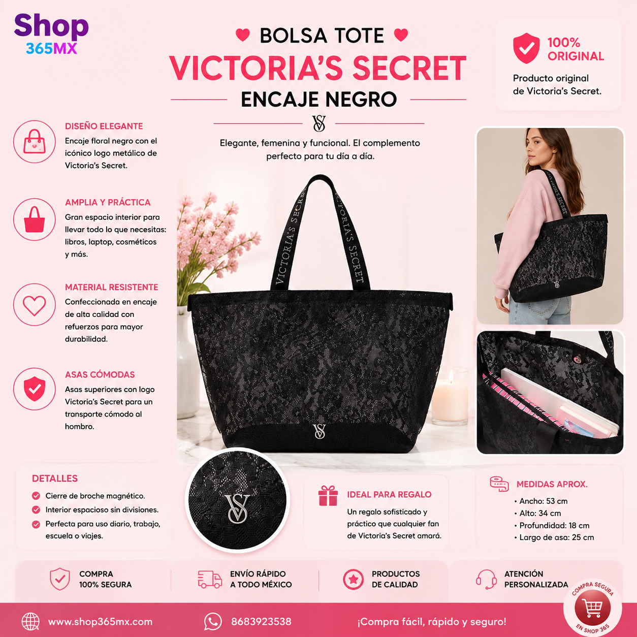 Victoria’s Secret Bolsa Tote de Encaje Negro – Lace Tote Bag Original