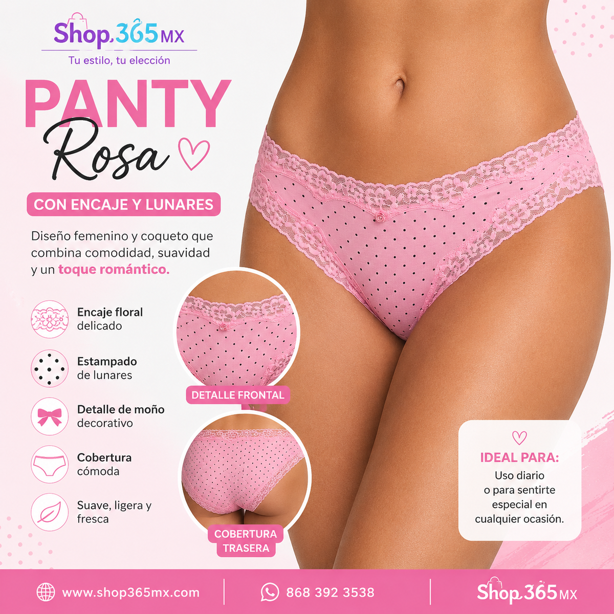 Panty Rosa con Encaje y Lunares – Corte Bikini Femenino