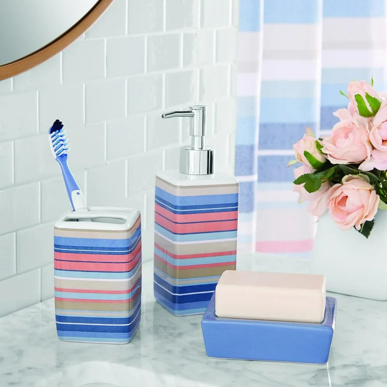 Mainstays Juego de Accesorios de Baño y Cortina de Ducha de Poliéster/cerámica a Rayas de 17 Piezas, Multicolor