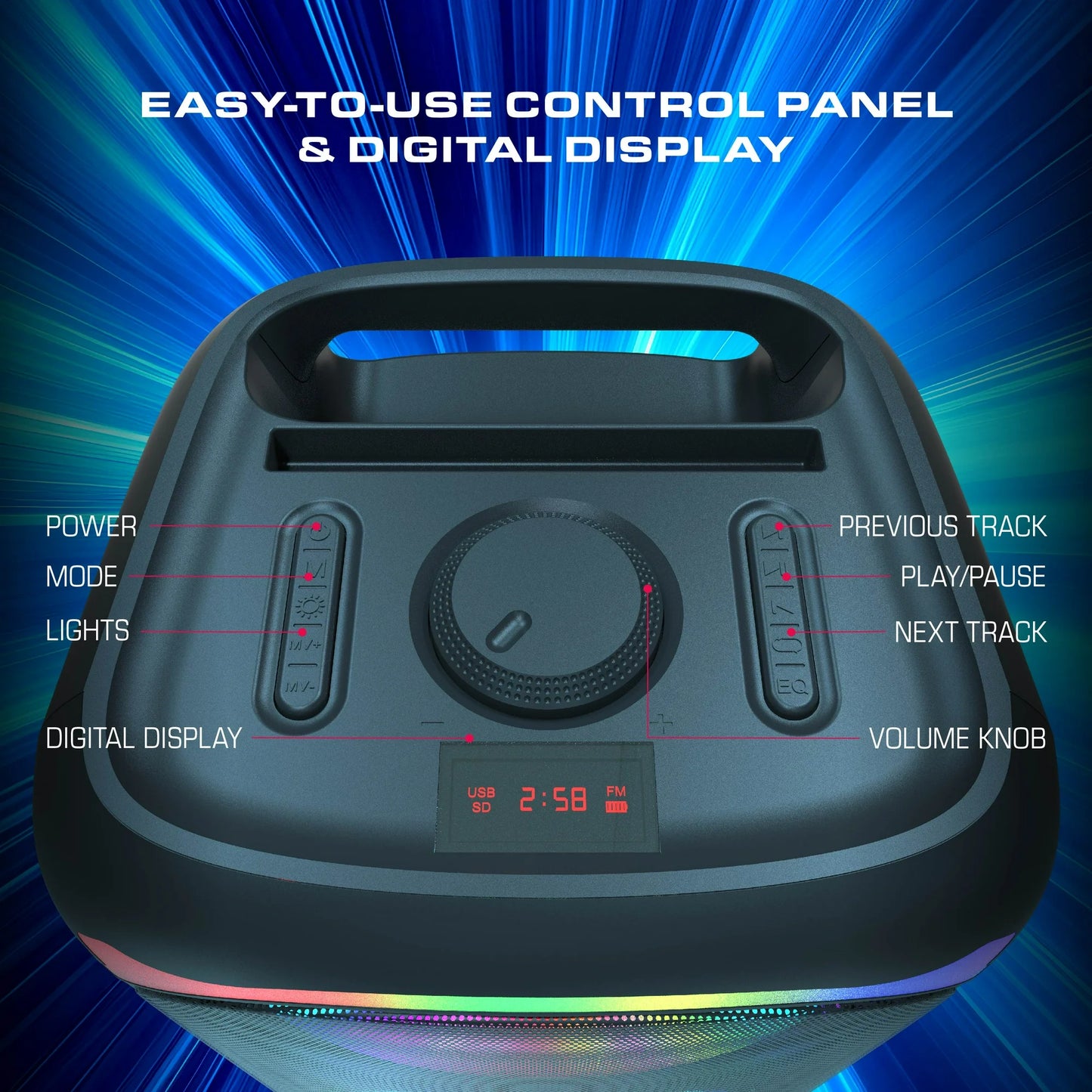 OKKO Altavoz Bluetooth Portátil Sonic Bass V4: Altavoz Inalámbrico para Fiestas con Graves Profundos, Altavoz Karaoke con Puerto para Micrófono, Luces LED, Altavoz Recargable Portátil para Exteriores