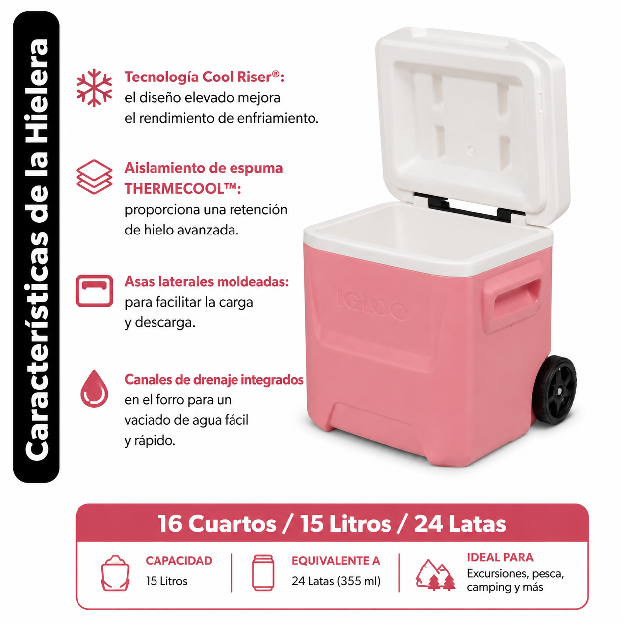 Igloo Hielera Nevera de 16 QT Laguna con Ruedas, Rosa Coral