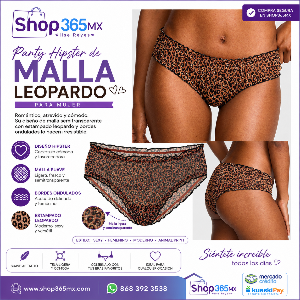 🐆 Panty Hipster de Malla con Estampado Leopardo para Mujer
