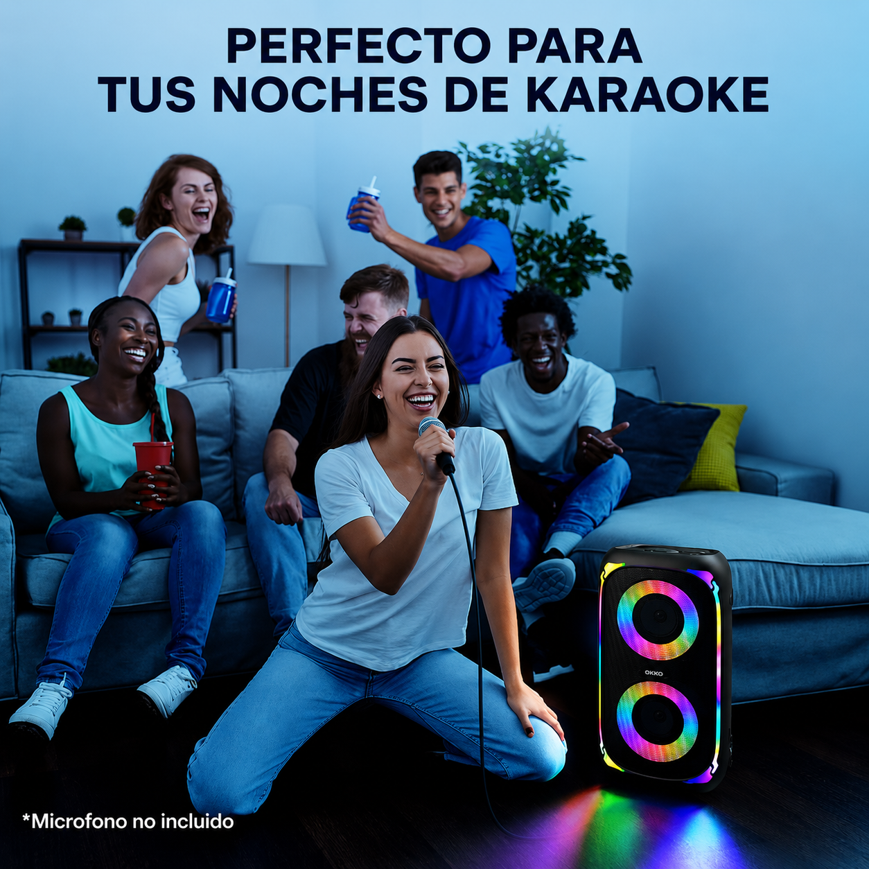 OKKO Altavoz Bluetooth Portátil Sonic Bass V4: Altavoz Inalámbrico para Fiestas con Graves Profundos, Altavoz Karaoke con Puerto para Micrófono, Luces LED, Altavoz Recargable Portátil para Exteriores