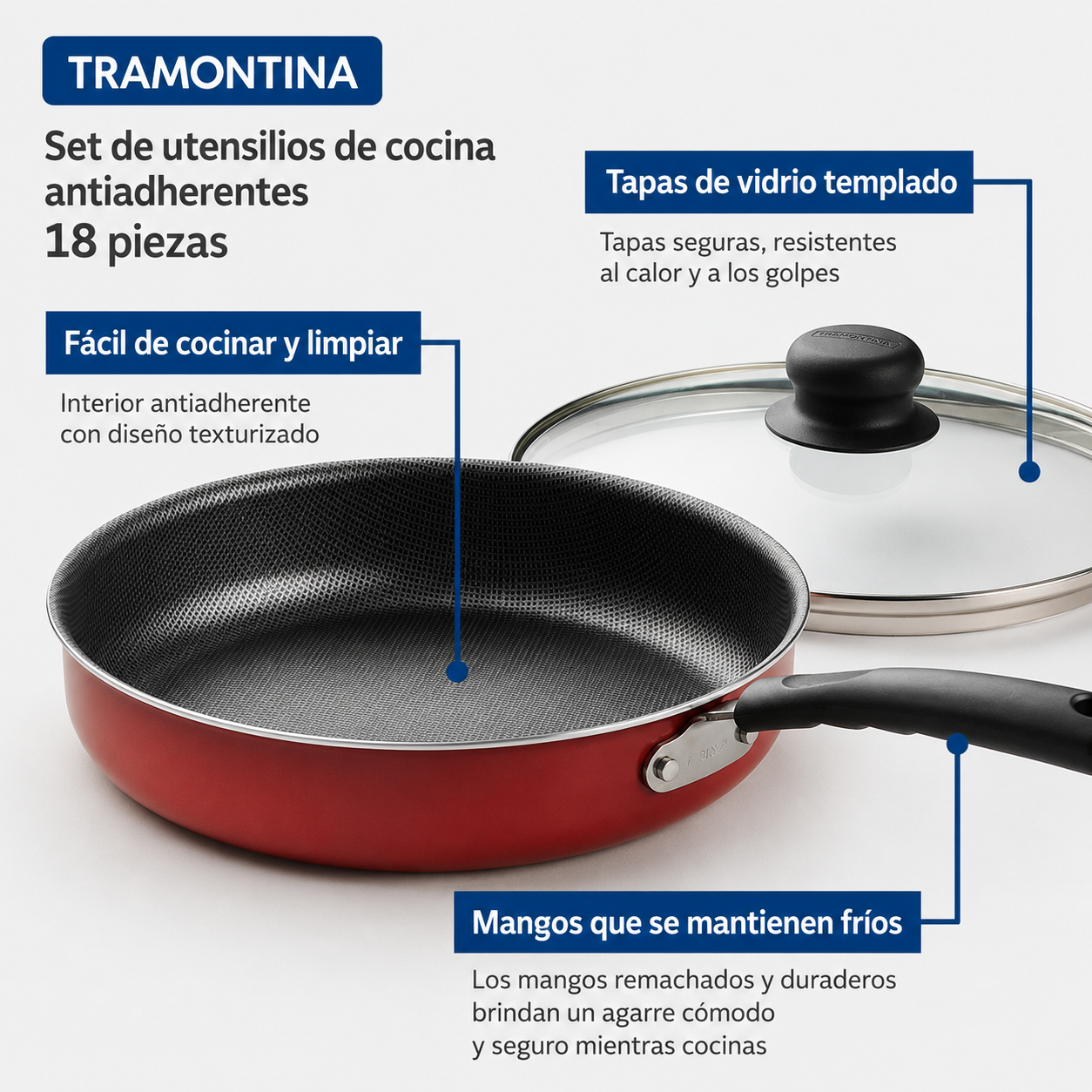 Juego de utensilios de cocina antiadherentes Tramontina Primaware de 18 piezas, rojo