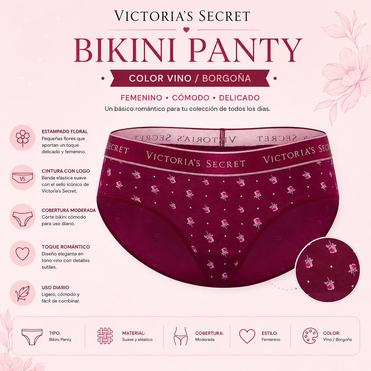 Victoria’s Secret Bikini Panty Vino con Estampado Floral y Cintura Logo