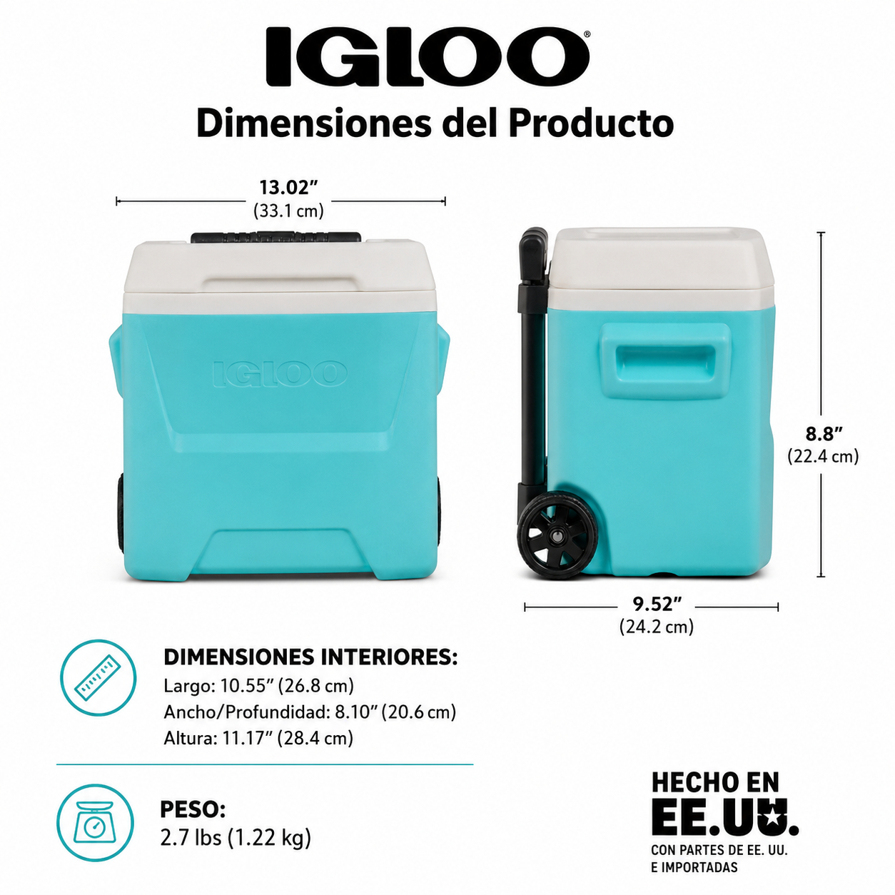 Igloo Hielera Rígida de 16 QT Laguna con Ruedas, Azul Aqua