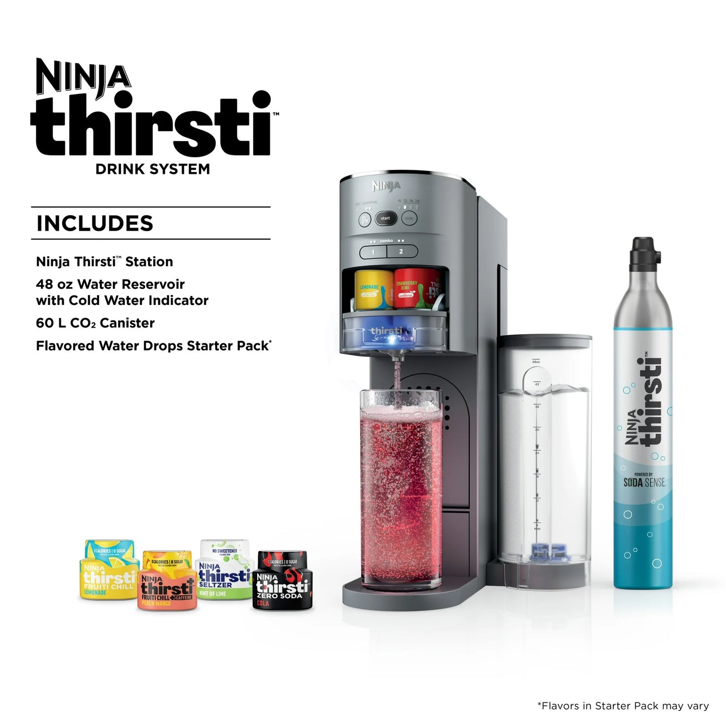 Ninja Thirsti Sistema de Bebidas Kit de Bebidas de Personalización Completa y Brillante con Bote de CO2, Sabores y Depósito de 48 Oz, WC1000, Gris