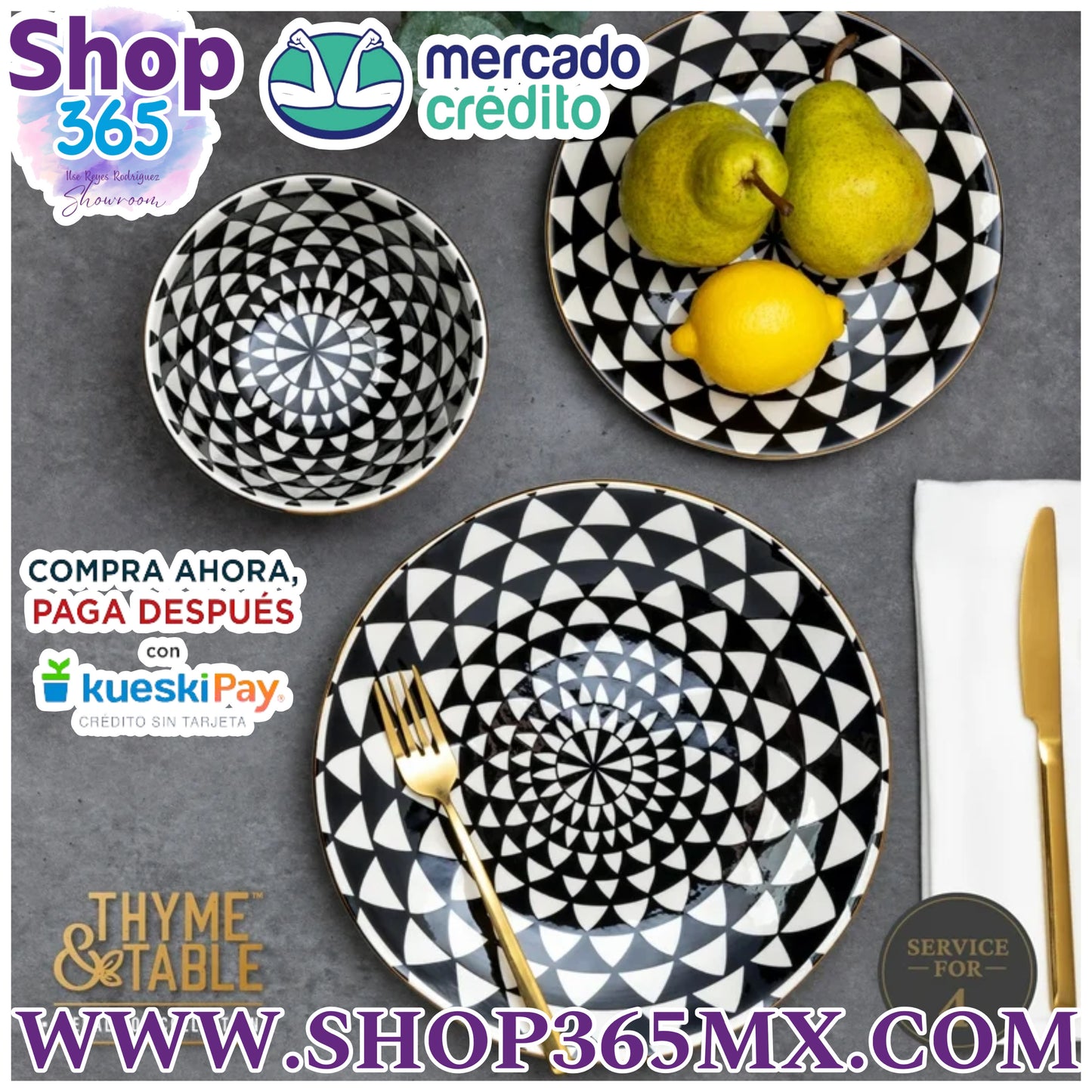 Tomillo & Mesa Vajilla Blanco y Negro Medallón 12 Piezas set Gres