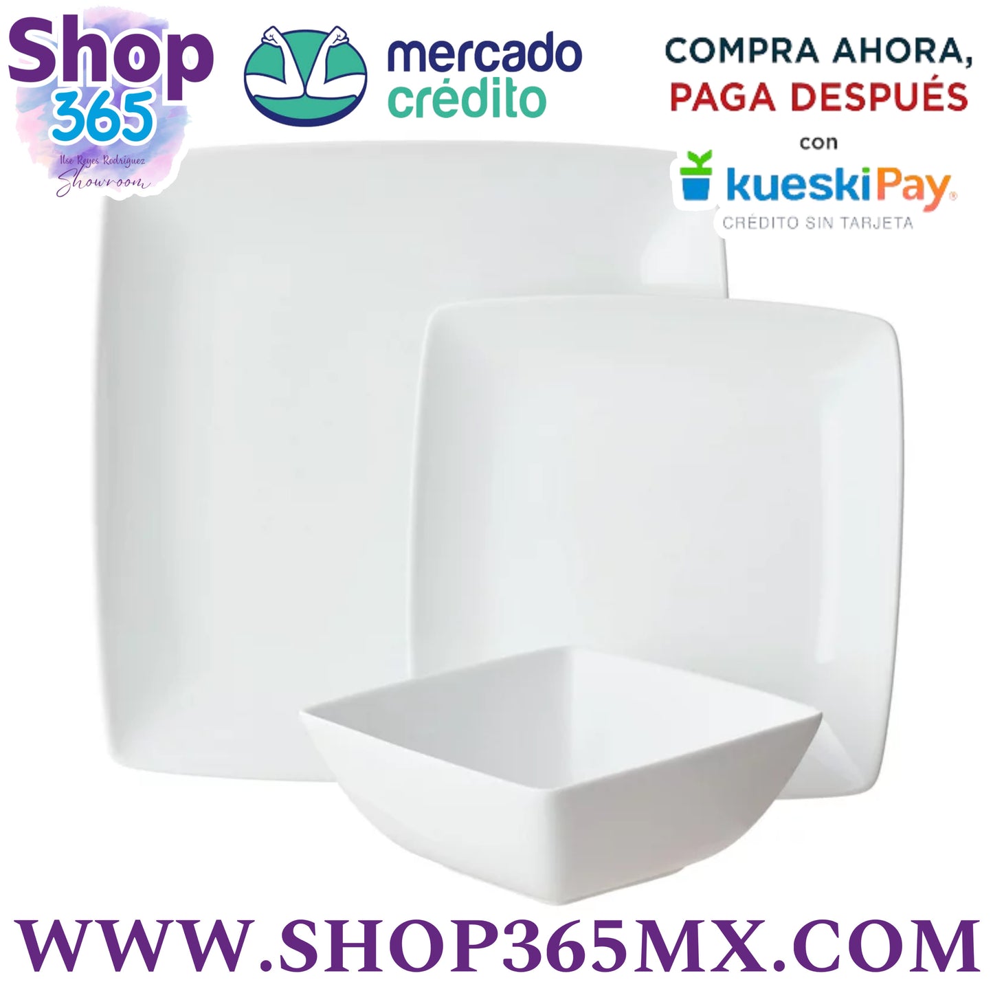 Better Homes & Gardens- Conjunto de Vajilla de Porcelana Cuadrada Blanca de 12 Piezas